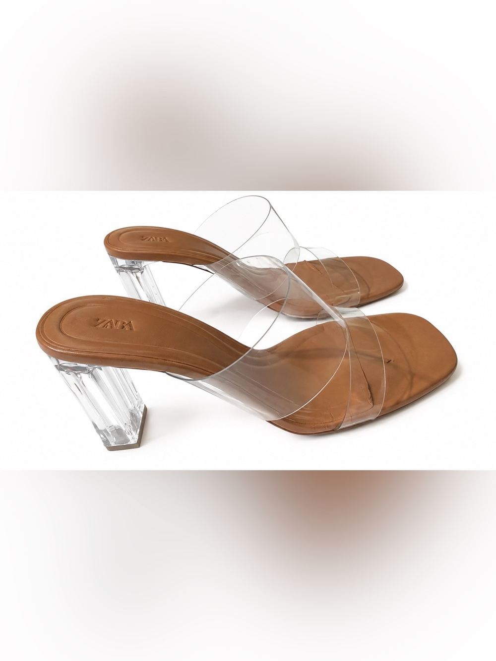 ZARA Clear PVC Block Heel Mules | Tan | Size 39 (US 8.5) - Picture 2 of 5